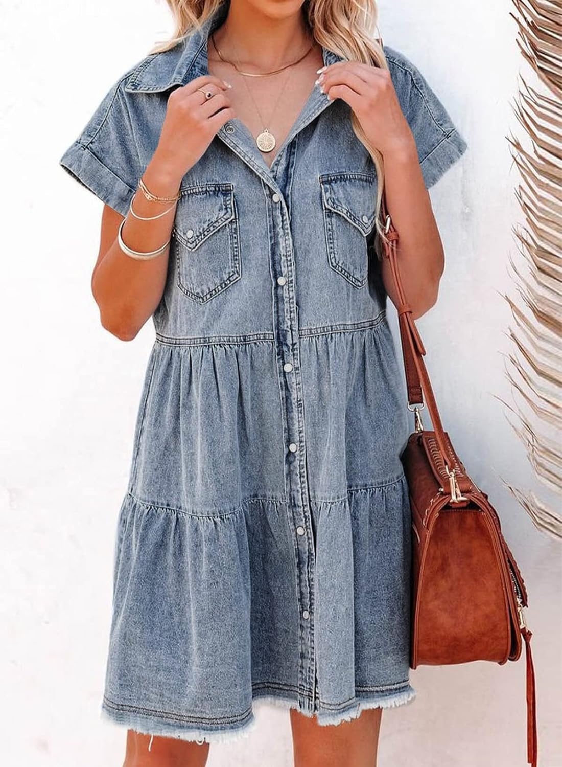 Sidefeel Womens Buttoned Frayed Pocket Short Sleeve Denim Jean Dresses