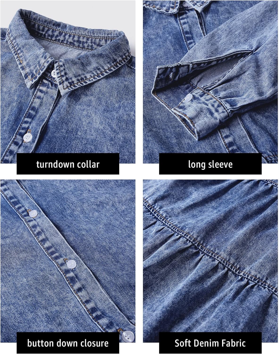 luvamia Denim Dress for Women Babydoll Flowy Cute Jean Shirt Dresses Long Sleeves