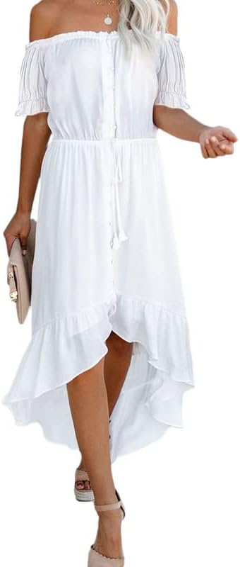 Dokotoo Womens 2023 Off The Shoulder Casual Short Sleeve Maxi Dress High Low Solid Cocktail Skater Dresses