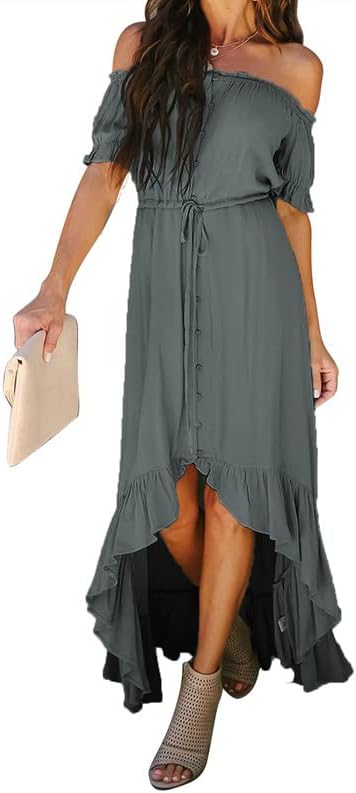 Dokotoo Womens 2023 Off The Shoulder Casual Short Sleeve Maxi Dress High Low Solid Cocktail Skater Dresses