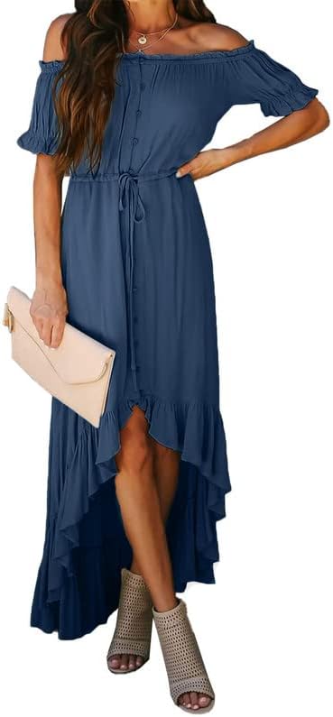 Dokotoo Womens 2023 Off The Shoulder Casual Short Sleeve Maxi Dress High Low Solid Cocktail Skater Dresses