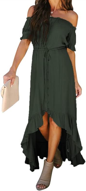 Dokotoo Womens 2023 Off The Shoulder Casual Short Sleeve Maxi Dress High Low Solid Cocktail Skater Dresses