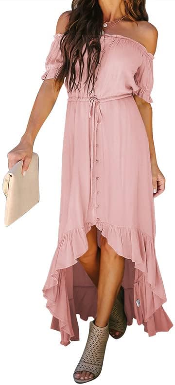 Dokotoo Womens 2023 Off The Shoulder Casual Short Sleeve Maxi Dress High Low Solid Cocktail Skater Dresses