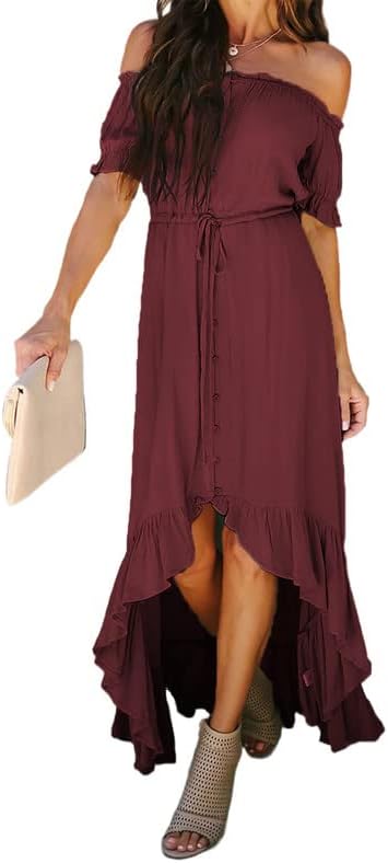 Dokotoo Womens 2023 Off The Shoulder Casual Short Sleeve Maxi Dress High Low Solid Cocktail Skater Dresses