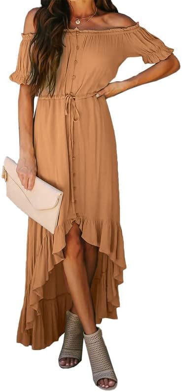 Dokotoo Womens 2023 Off The Shoulder Casual Short Sleeve Maxi Dress High Low Solid Cocktail Skater Dresses