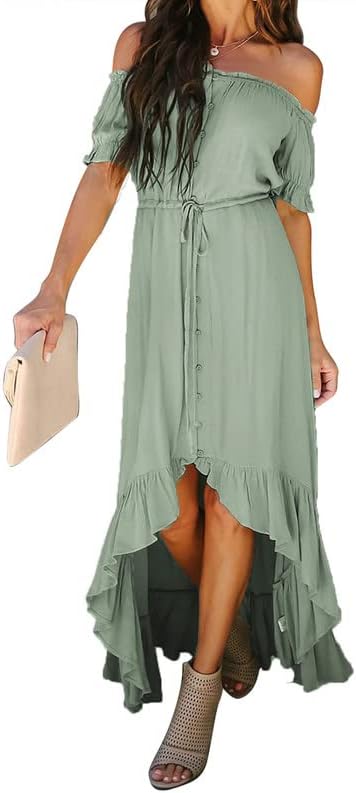 Dokotoo Womens 2023 Off The Shoulder Casual Short Sleeve Maxi Dress High Low Solid Cocktail Skater Dresses