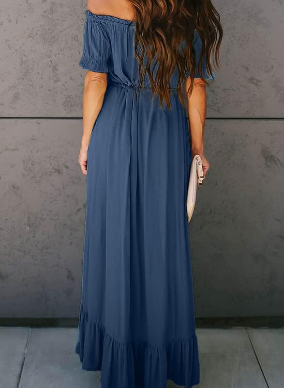 Dokotoo Womens 2023 Off The Shoulder Casual Short Sleeve Maxi Dress High Low Solid Cocktail Skater Dresses