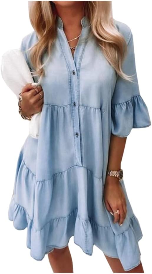 Women Denim Dresses Casual V Neck Ruffle Short Sleeve Summer Denim Jean Dress