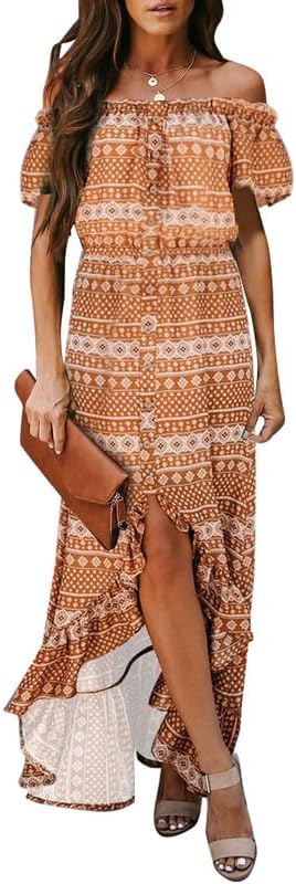 Dokotoo Womens 2023 Off The Shoulder Casual Short Sleeve Maxi Dress High Low Solid Cocktail Skater Dresses