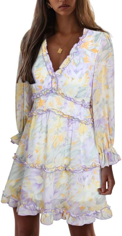 Dokotoo Womens 2024 Spring Summer Deep V Neck Ruffle Floral Flowy Mini Dress