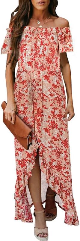 Dokotoo Womens 2023 Off The Shoulder Casual Short Sleeve Maxi Dress High Low Solid Cocktail Skater Dresses