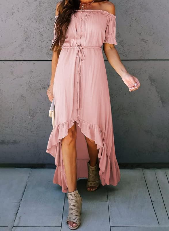 Dokotoo Womens 2023 Off The Shoulder Casual Short Sleeve Maxi Dress High Low Solid Cocktail Skater Dresses