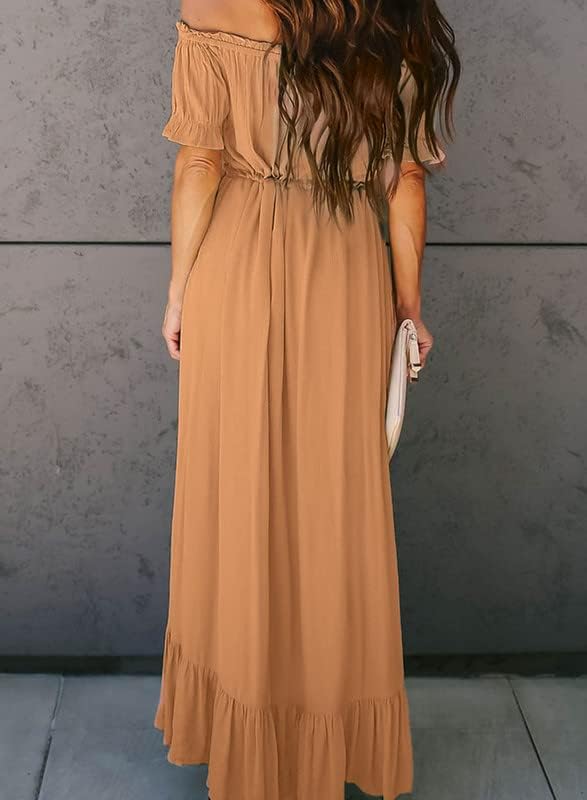 Dokotoo Womens 2023 Off The Shoulder Casual Short Sleeve Maxi Dress High Low Solid Cocktail Skater Dresses