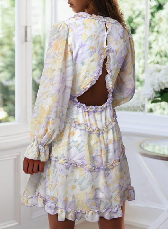 Dokotoo Womens 2024 Spring Summer Deep V Neck Ruffle Floral Flowy Mini Dress