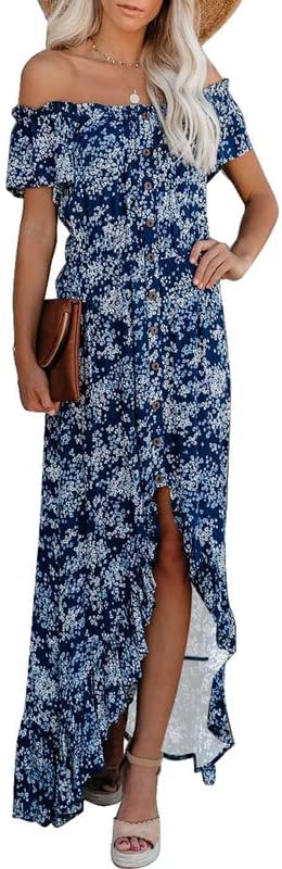 Dokotoo Womens 2023 Off The Shoulder Casual Short Sleeve Maxi Dress High Low Solid Cocktail Skater Dresses