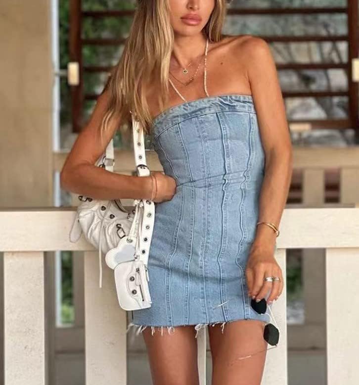 Sexy Denim Summer Dresses 2023 Women Y2k Clothing Jeans Tube Backless Bodycon Mini Dress Western Cowgirl Streetwear