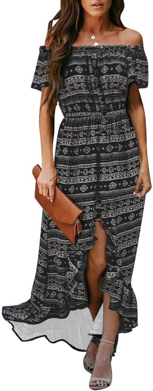 Dokotoo Womens 2023 Off The Shoulder Casual Short Sleeve Maxi Dress High Low Solid Cocktail Skater Dresses