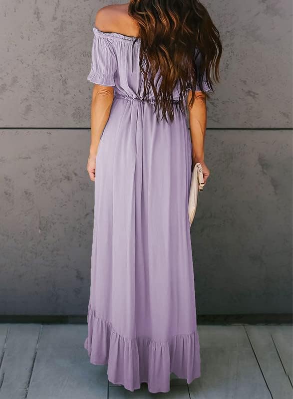 Dokotoo Womens 2023 Off The Shoulder Casual Short Sleeve Maxi Dress High Low Solid Cocktail Skater Dresses