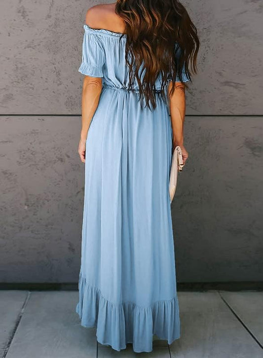 Dokotoo Womens 2023 Off The Shoulder Casual Short Sleeve Maxi Dress High Low Solid Cocktail Skater Dresses