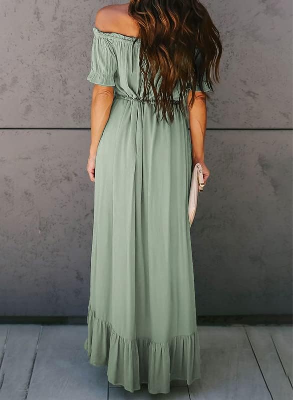 Dokotoo Womens 2023 Off The Shoulder Casual Short Sleeve Maxi Dress High Low Solid Cocktail Skater Dresses