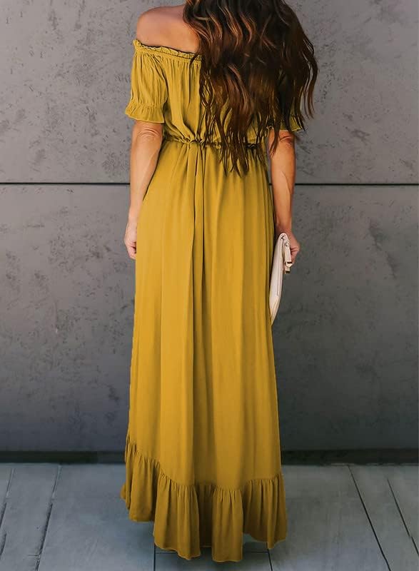 Dokotoo Womens 2023 Off The Shoulder Casual Short Sleeve Maxi Dress High Low Solid Cocktail Skater Dresses