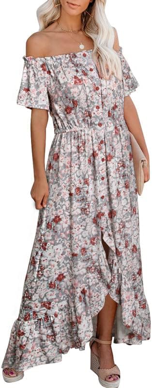 Dokotoo Womens 2023 Off The Shoulder Casual Short Sleeve Maxi Dress High Low Solid Cocktail Skater Dresses