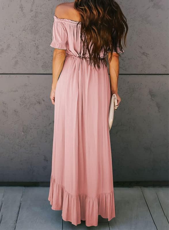 Dokotoo Womens 2023 Off The Shoulder Casual Short Sleeve Maxi Dress High Low Solid Cocktail Skater Dresses