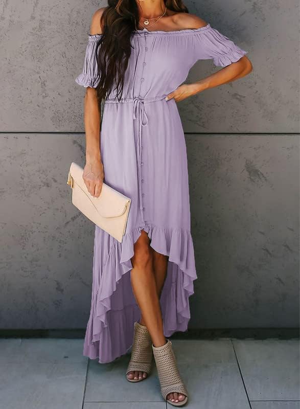 Dokotoo Womens 2023 Off The Shoulder Casual Short Sleeve Maxi Dress High Low Solid Cocktail Skater Dresses