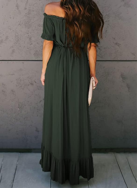 Dokotoo Womens 2023 Off The Shoulder Casual Short Sleeve Maxi Dress High Low Solid Cocktail Skater Dresses