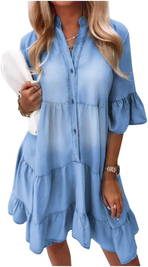 Women Denim Dresses Casual V Neck Ruffle Short Sleeve Summer Denim Jean Dress