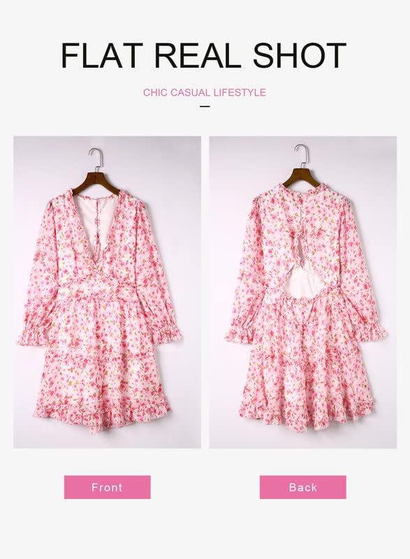 Dokotoo Womens 2024 Spring Summer Deep V Neck Ruffle Floral Flowy Mini Dress