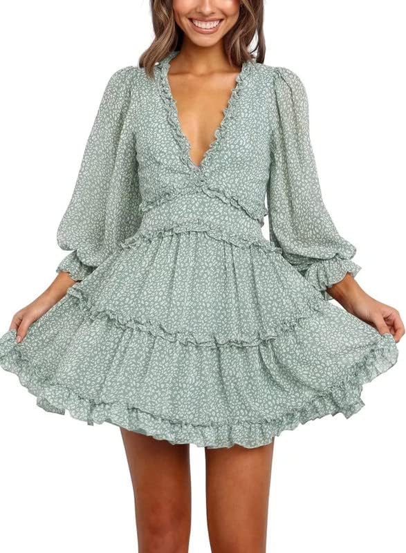 Dokotoo Womens 2024 Spring Summer Deep V Neck Ruffle Floral Flowy Mini Dress