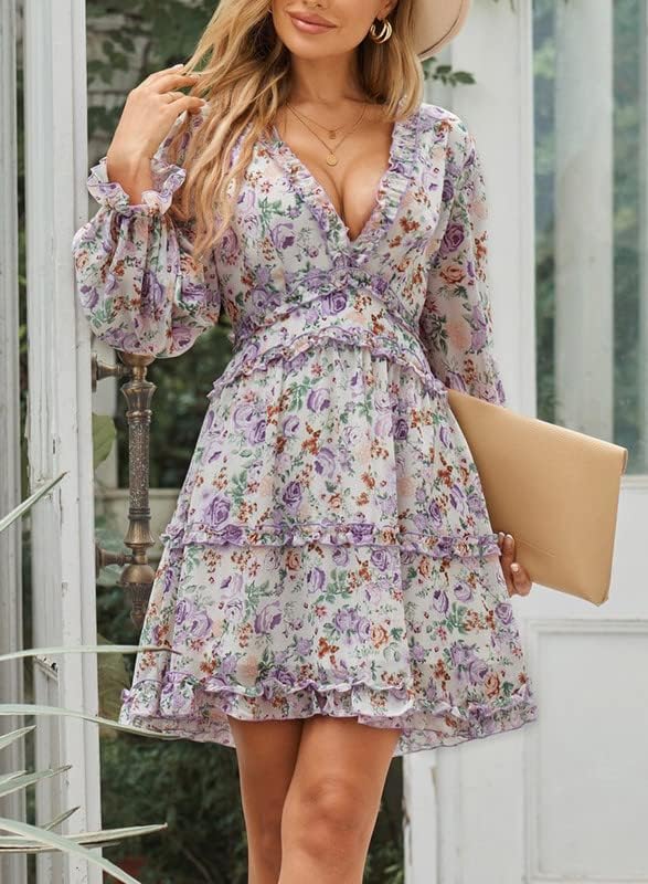 Dokotoo Womens 2024 Spring Summer Deep V Neck Ruffle Floral Flowy Mini Dress
