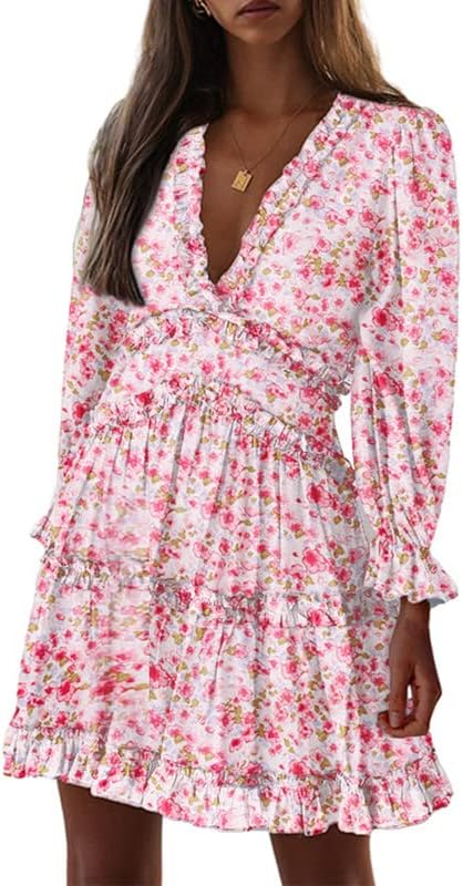 Dokotoo Womens 2024 Spring Summer Deep V Neck Ruffle Floral Flowy Mini Dress