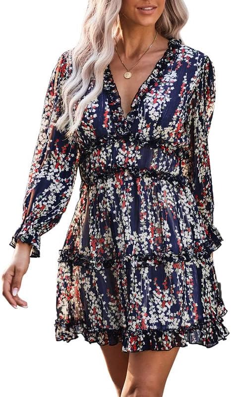 Dokotoo Womens 2024 Spring Summer Deep V Neck Ruffle Floral Flowy Mini Dress
