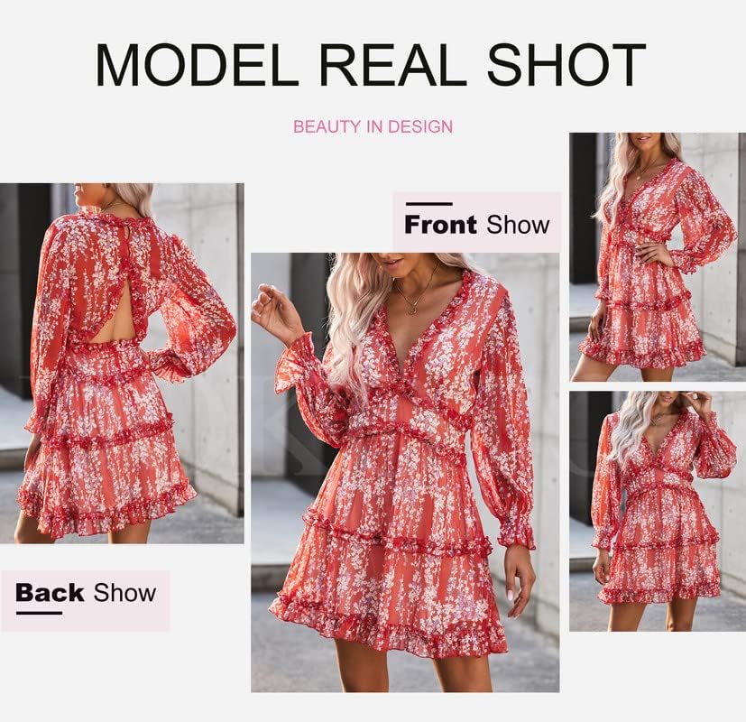Dokotoo Womens 2024 Spring Summer Deep V Neck Ruffle Floral Flowy Mini Dress