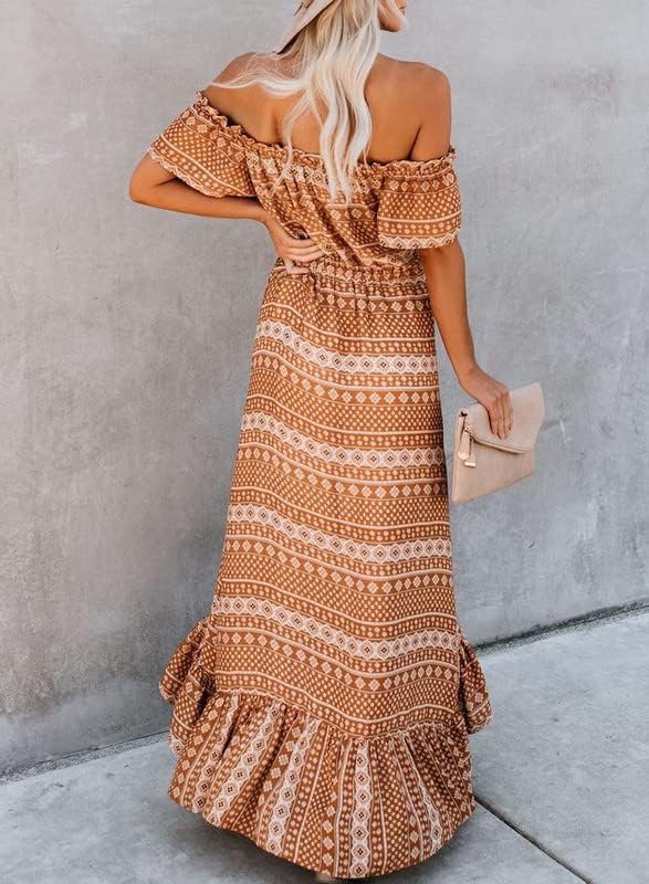 Dokotoo Womens 2023 Off The Shoulder Casual Short Sleeve Maxi Dress High Low Solid Cocktail Skater Dresses