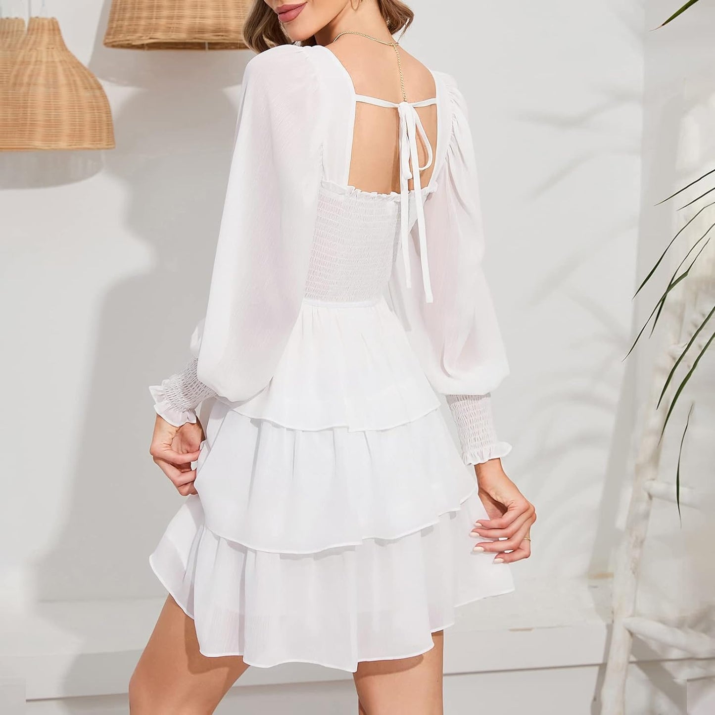 Byinns Women's 2024 Square Neck Ruffle Dress Long Sleeve Floral Print Tiered Tie Back Layered Swing Mini Dress