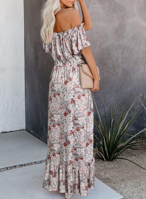 Dokotoo Womens 2023 Off The Shoulder Casual Short Sleeve Maxi Dress High Low Solid Cocktail Skater Dresses