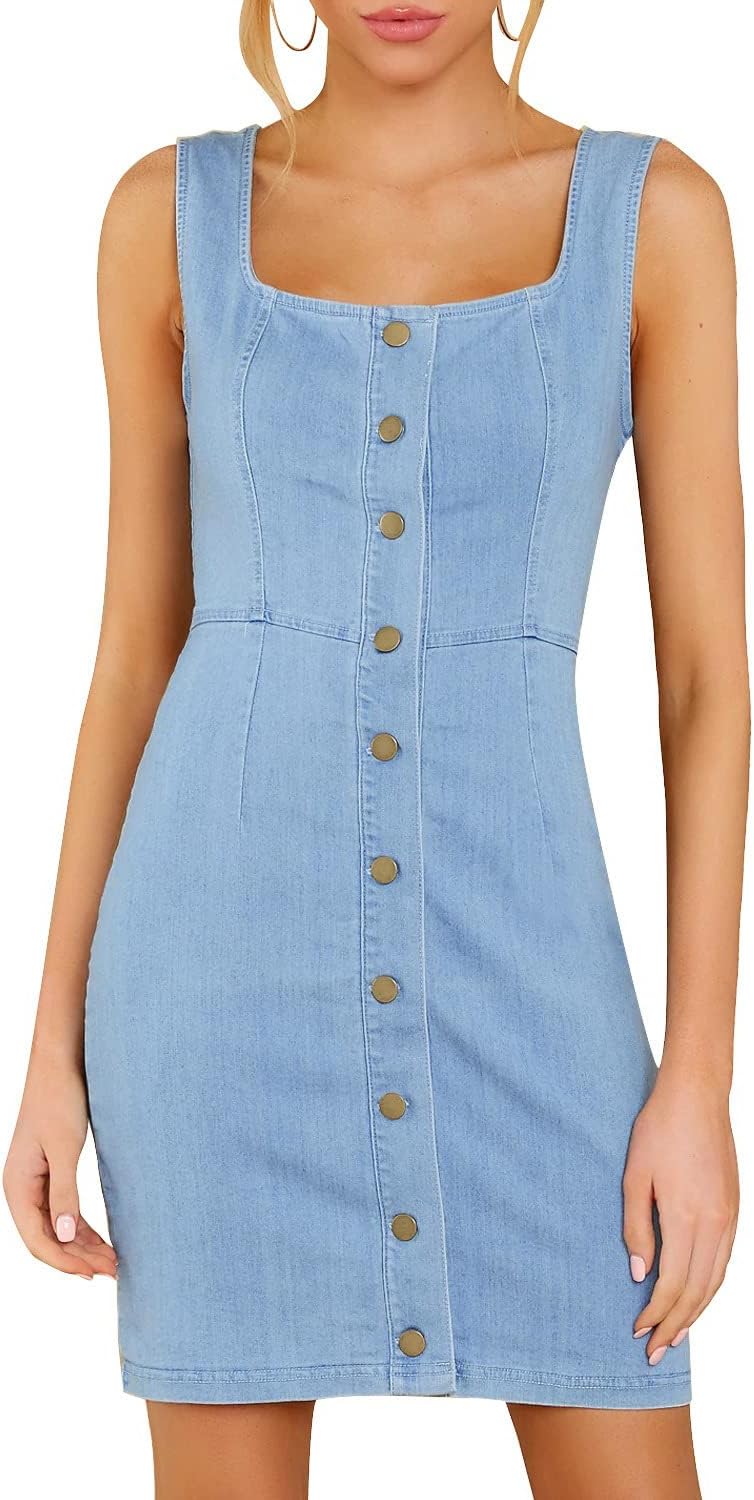 luvamia Women's Casual V Neck Sleeveless Jeans Button Down Denim Short Dress