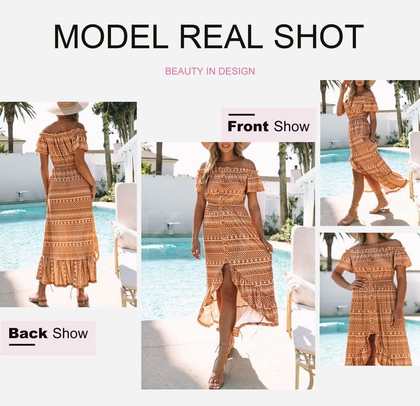 Dokotoo Womens 2023 Off The Shoulder Casual Short Sleeve Maxi Dress High Low Solid Cocktail Skater Dresses