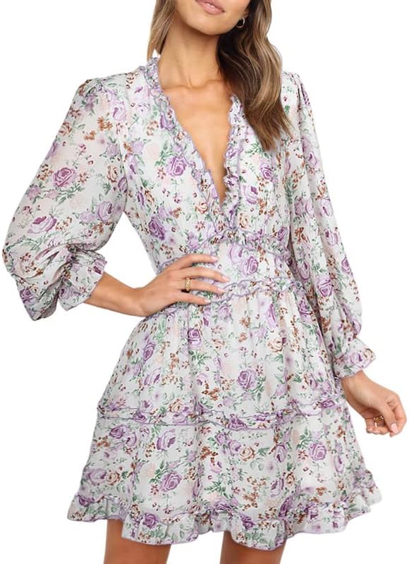 Dokotoo Womens 2024 Spring Summer Deep V Neck Ruffle Floral Flowy Mini Dress