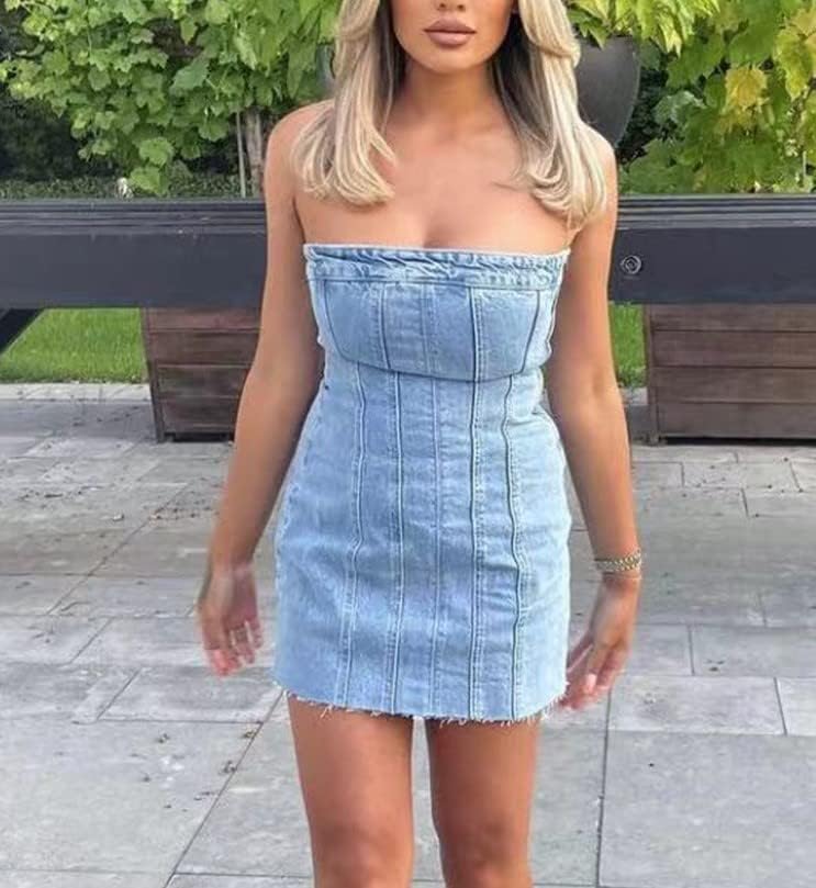Sexy Denim Summer Dresses 2023 Women Y2k Clothing Jeans Tube Backless Bodycon Mini Dress Western Cowgirl Streetwear