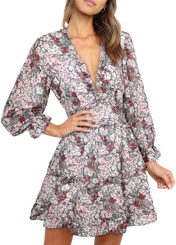 Dokotoo Womens 2024 Spring Summer Deep V Neck Ruffle Floral Flowy Mini Dress