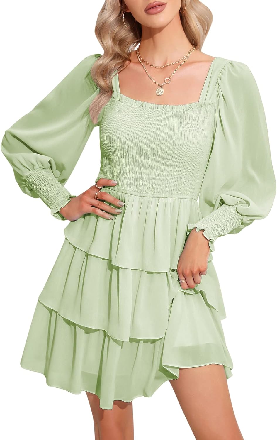 Byinns Women's 2024 Square Neck Ruffle Dress Long Sleeve Floral Print Tiered Tie Back Layered Swing Mini Dress