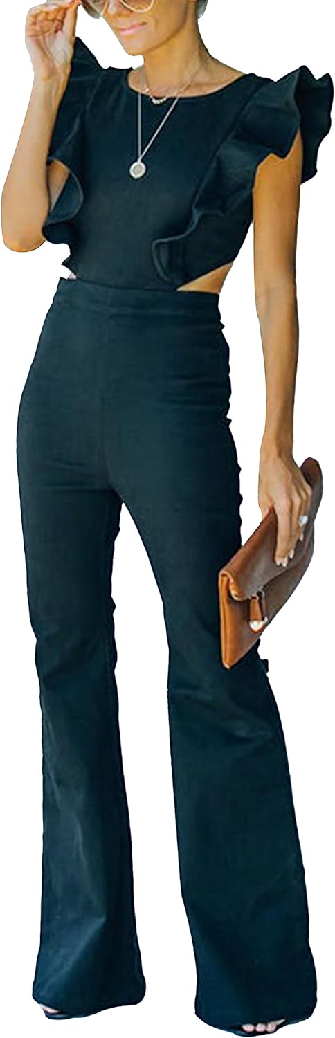 Omoone Women's Flared Denim Jumpsuit Ruffle Sleeve Backless Jeans Jumper Long Rompers