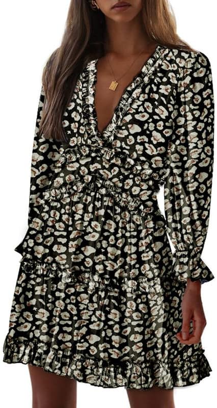 Dokotoo Womens 2024 Spring Summer Deep V Neck Ruffle Floral Flowy Mini Dress