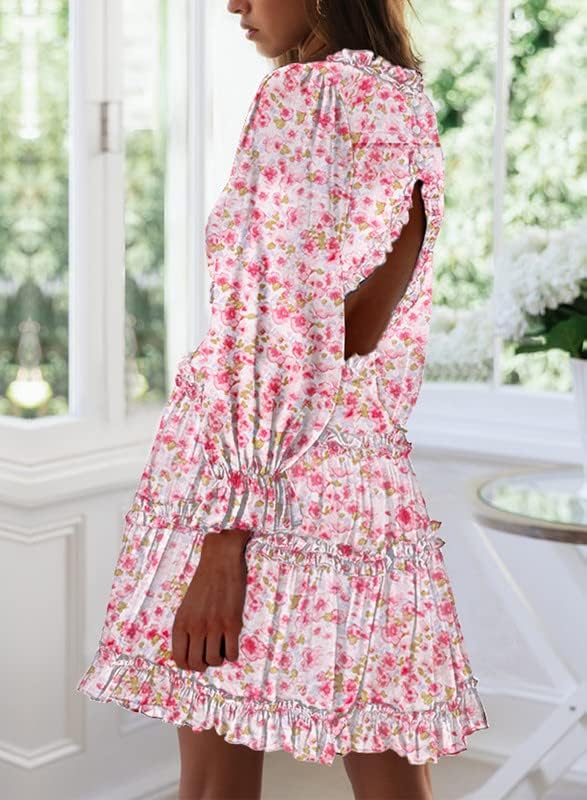 Dokotoo Womens 2024 Spring Summer Deep V Neck Ruffle Floral Flowy Mini Dress