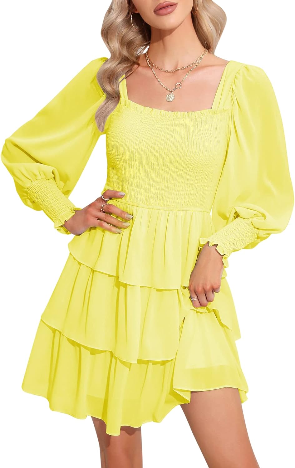 Byinns Women's 2024 Square Neck Ruffle Dress Long Sleeve Floral Print Tiered Tie Back Layered Swing Mini Dress