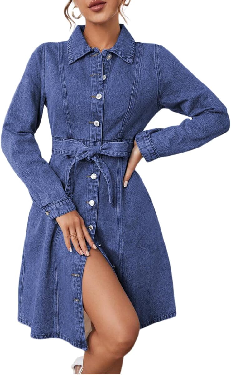 Women's Denim Dresses Long Sleeve Button Down Midi Jean Dress